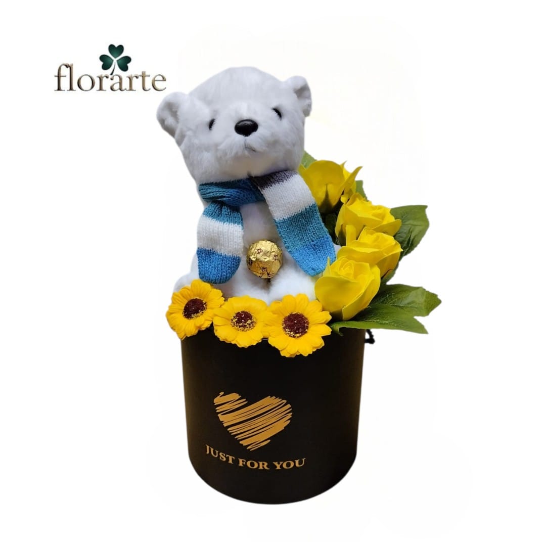18.990 Box 4 Rosas Eternas De Jabón + 3 Margaritas + Peluche + Bombon - Imagen 1