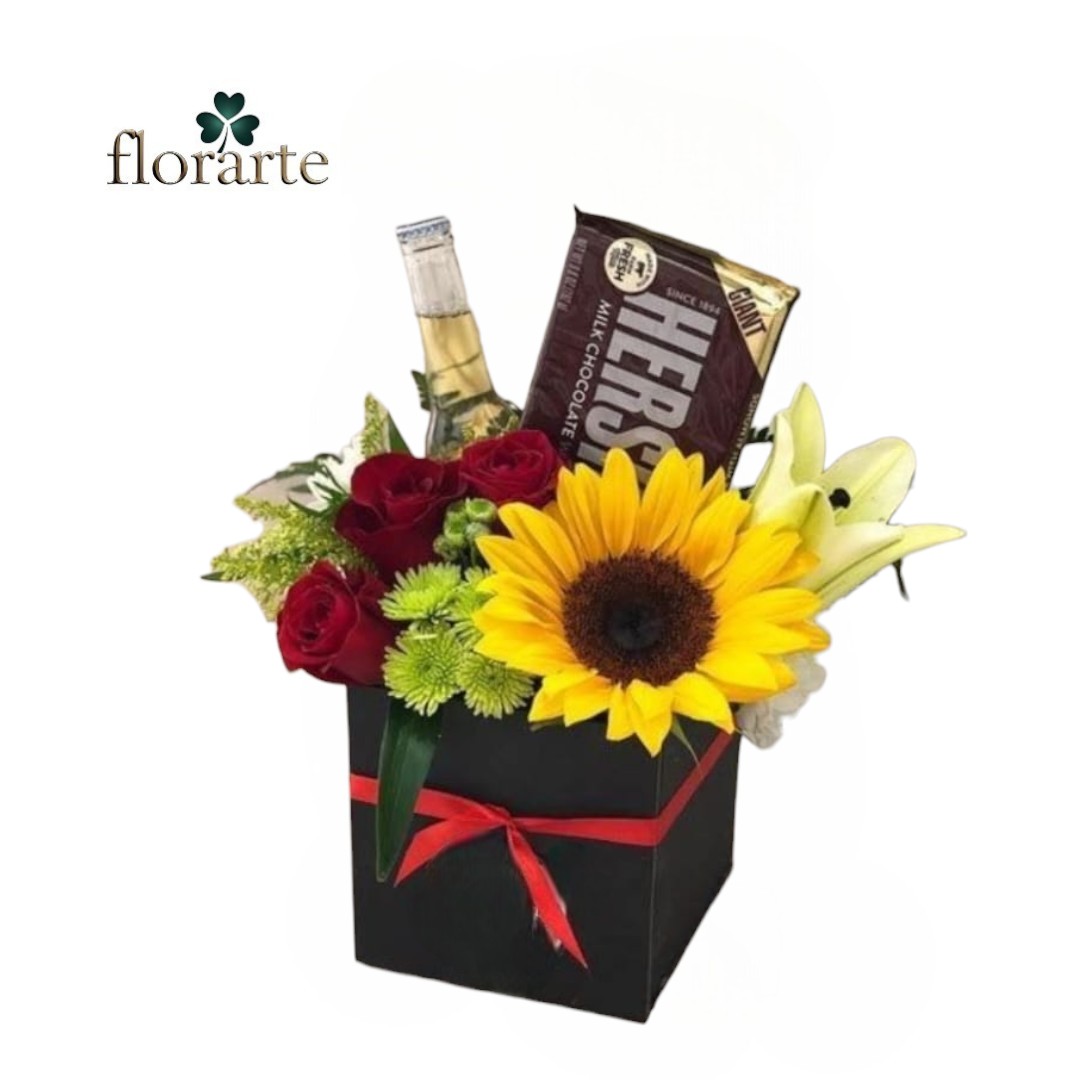 01 (5) Box Cuadrado 3 Rosas + Girasol + Lirio + Chocolate + 1 Cerveza - Imagen 1