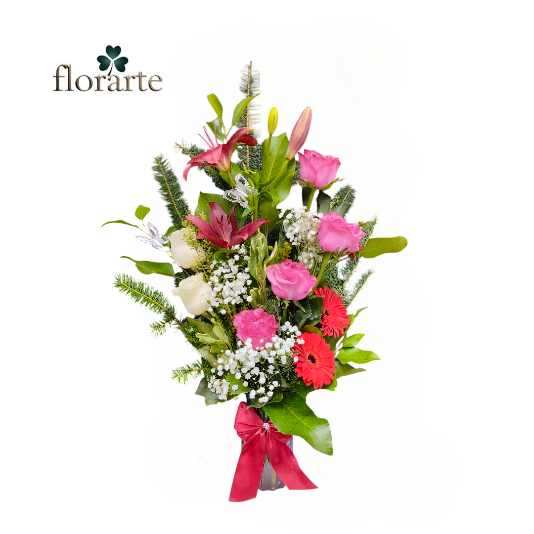 1 (29) Florero 6 Rosas + 2 Gerberas + 2 Lirios - Imagen 1