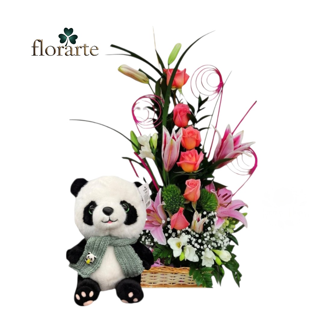 101 Canasta 6 Rosas + Lirios + Peluche 19cm - Imagen 1