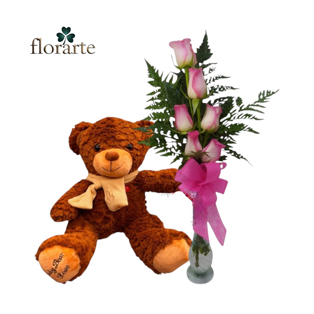 123 Florero 6 Rosas Rosadas + Peluche - Imagen 1