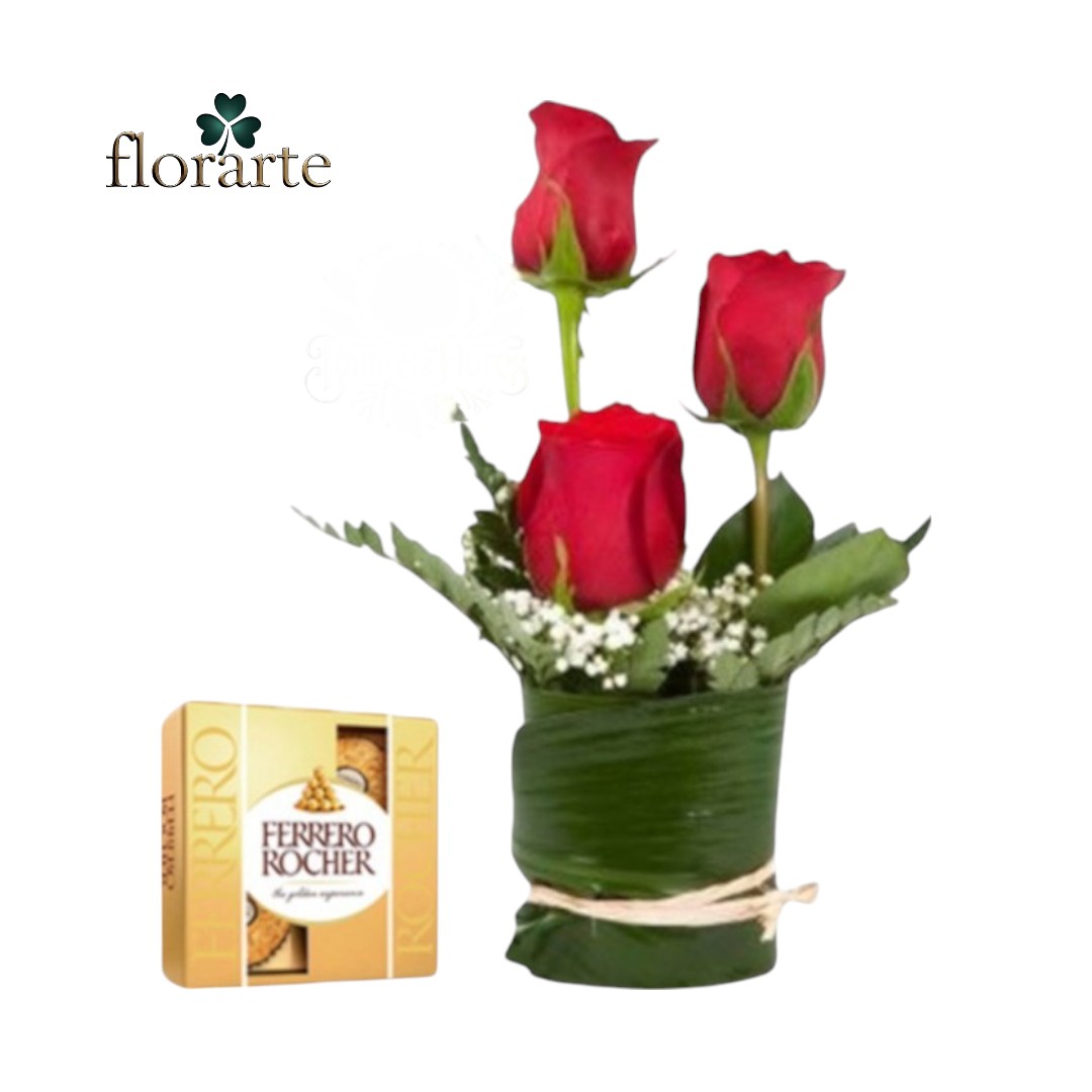 125 Florero 3 Rosas + Bombones Ferrero - Imagen 1