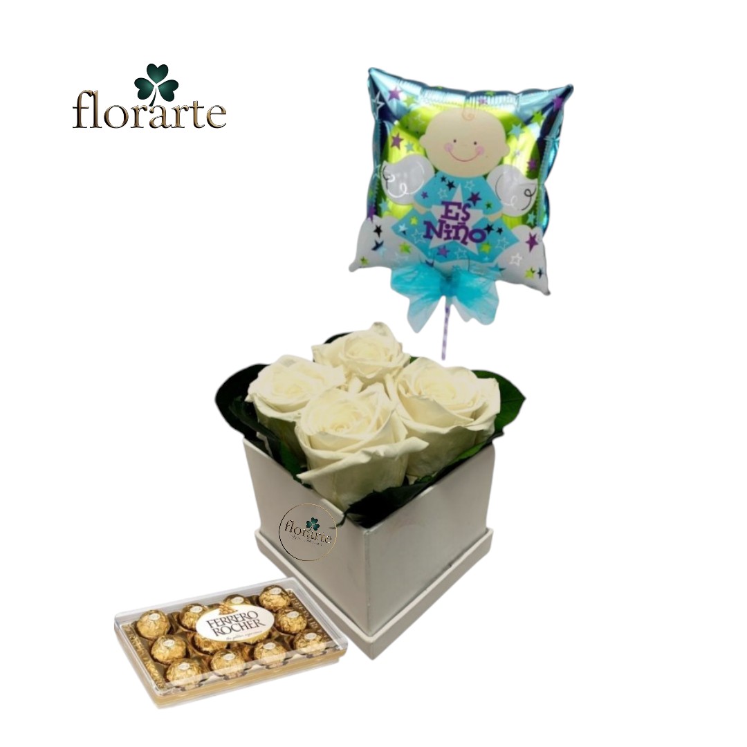 146(2) Box 4 Rosas Blancas + Bombones Ferrero + Globo - Imagen 1