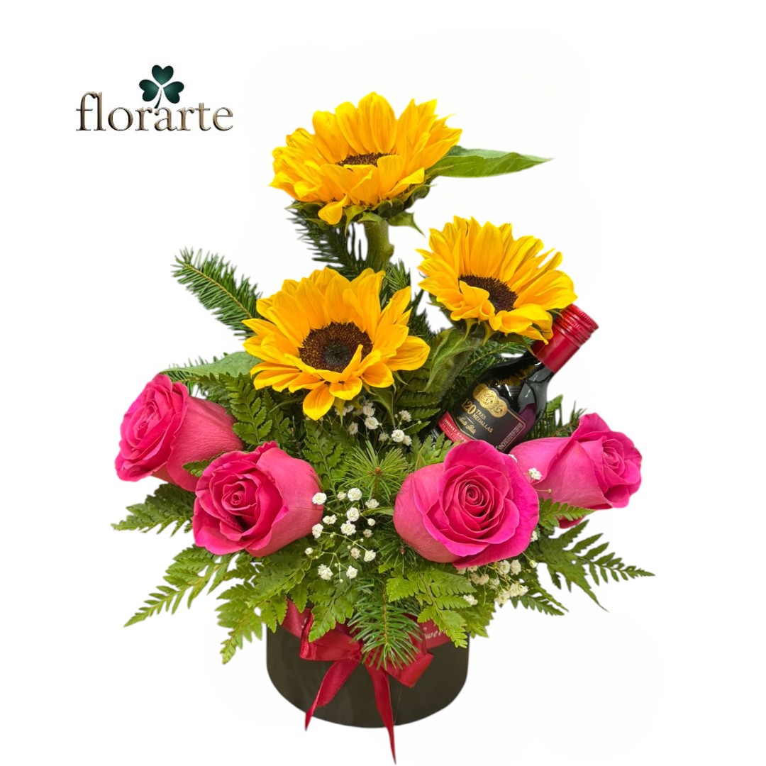 2 Box Cilindro 4 Rosas + 3 Girasoles + Vino 120 - Imagen 1