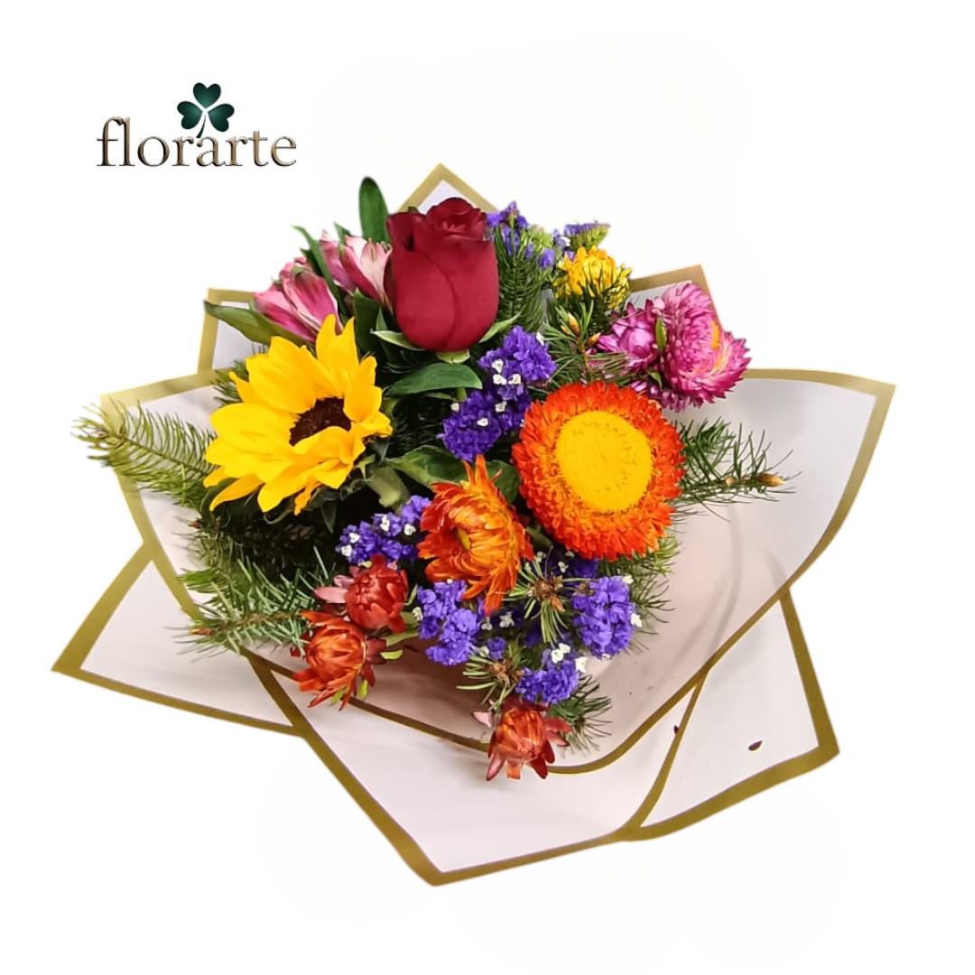 21 (16) Ramo Primaveral 1 Rosa + Girasol + Flores De Temporada - Imagen 1