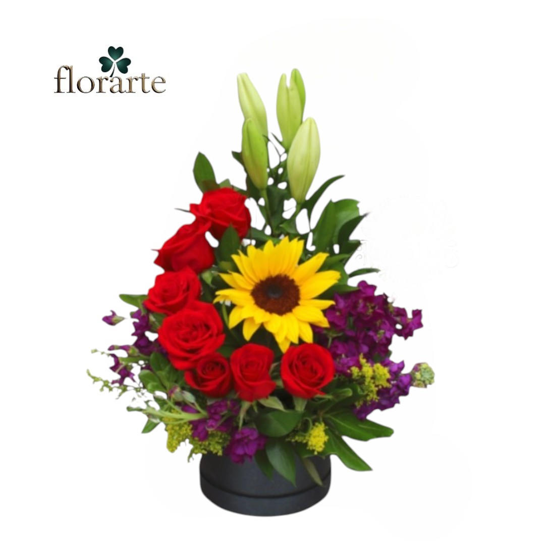 272 Box 7 Rosas + 2 Lirios + Girasol - Imagen 1