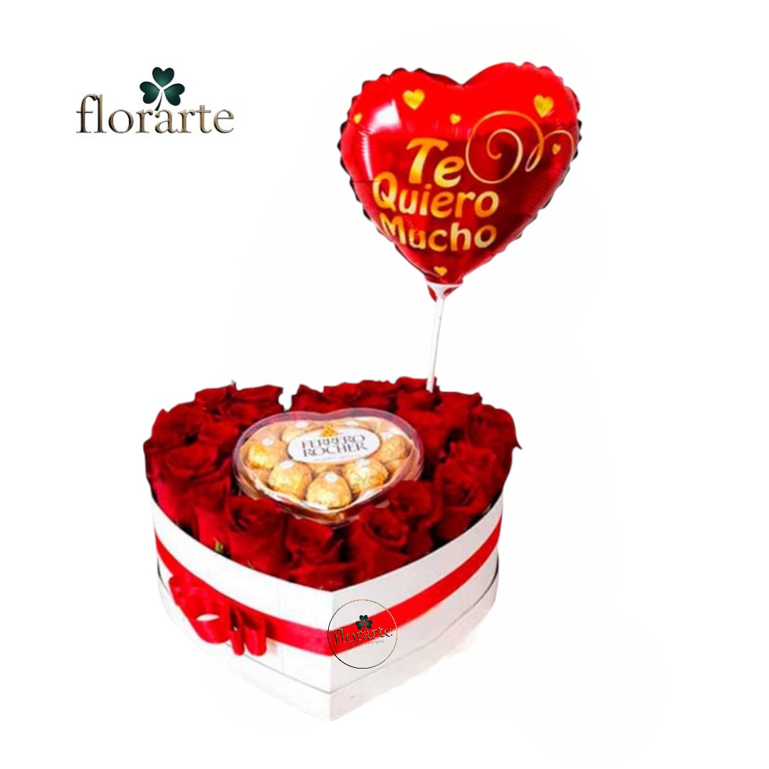30 Box Corazón 18 Rosas + Bombones Ferrero + Globo Pequeño - Imagen 1