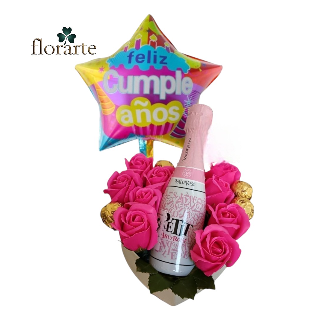 39 Box Corazón 10 Rosas Eternas De Jabón + 4 Bombones + Espumante Petit + Globo - Imagen 1