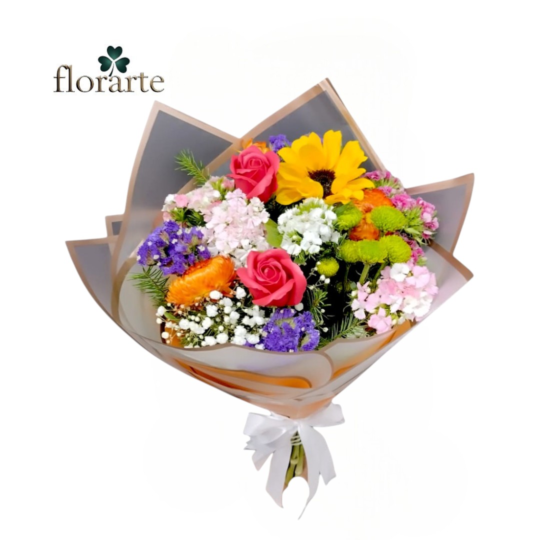 4 Ramo Primaveral Rosas + Girasol + Flores De Temporada - Imagen 1
