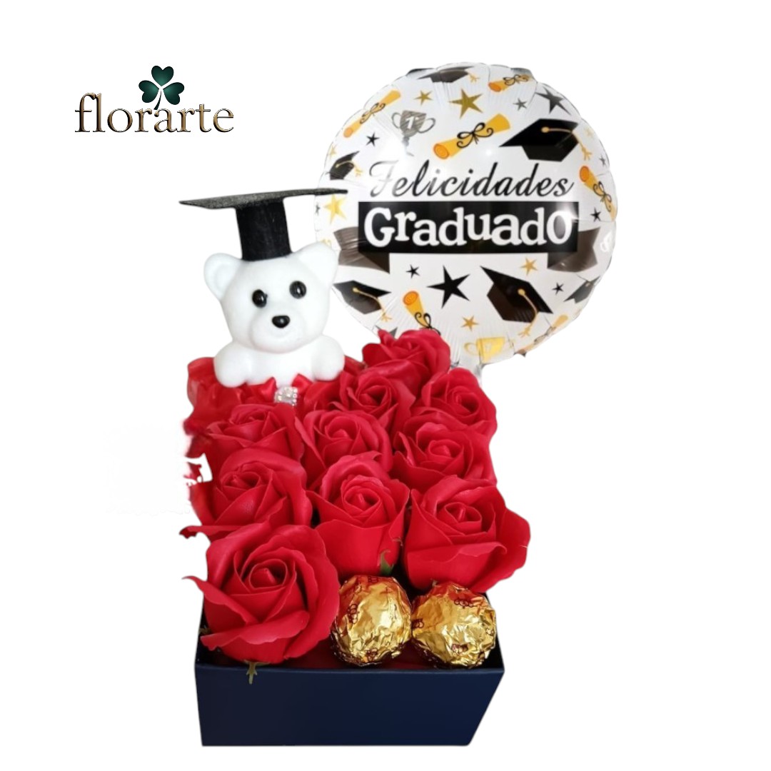46 Box Cuadrado 10 Rosas Eternas De Jabón + 2 Bombones + Osito Grado + Globo - Imagen 1