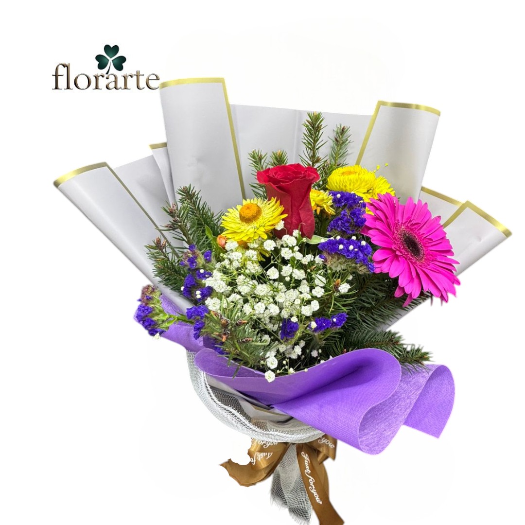 9 (1) Ramo Primaveral Con Rosa + Gerbera + Flores de Temporada - Imagen 1
