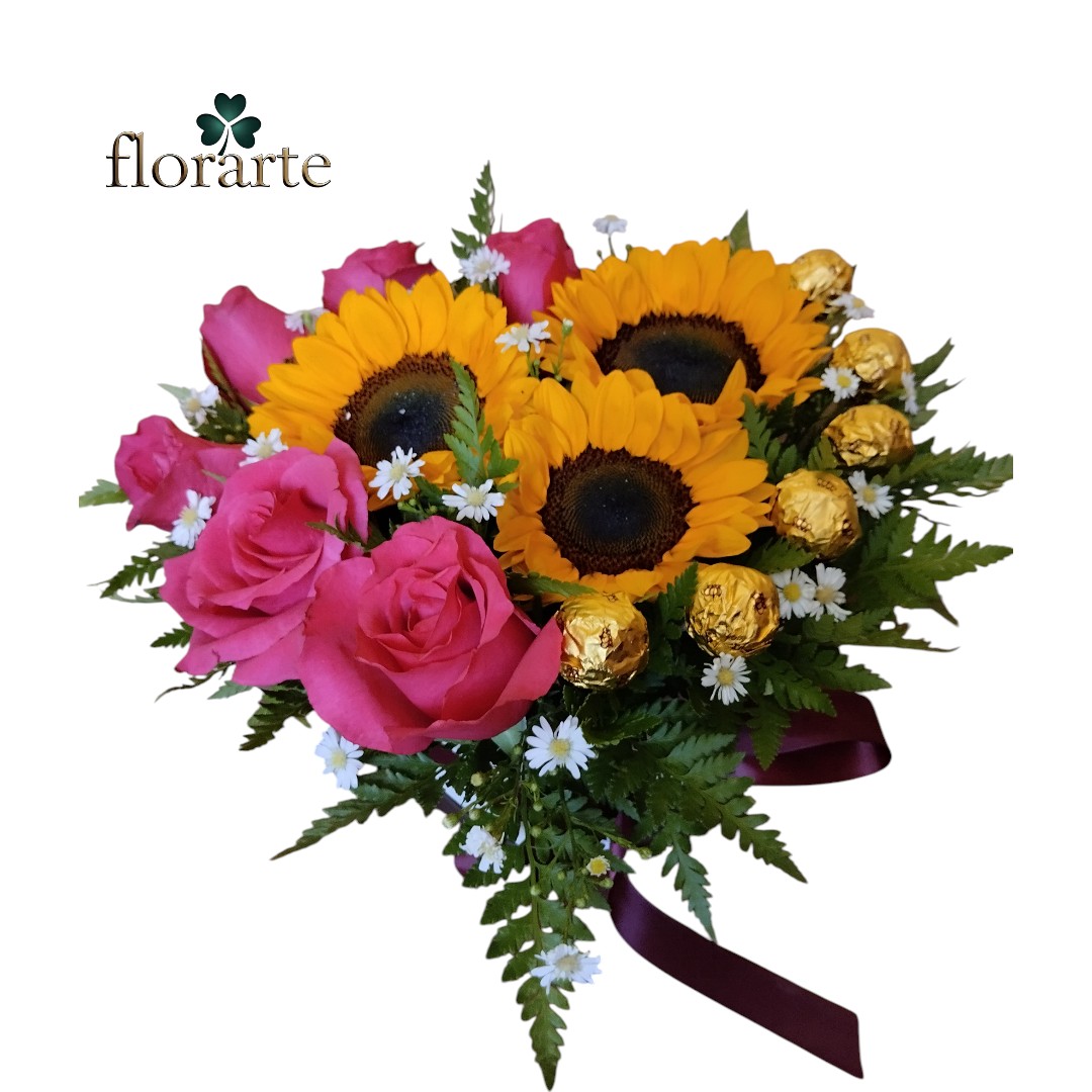 Ramo2 Box Corazón 6 Rosas + 3 Girasoles + 6 Bombones - Imagen 1