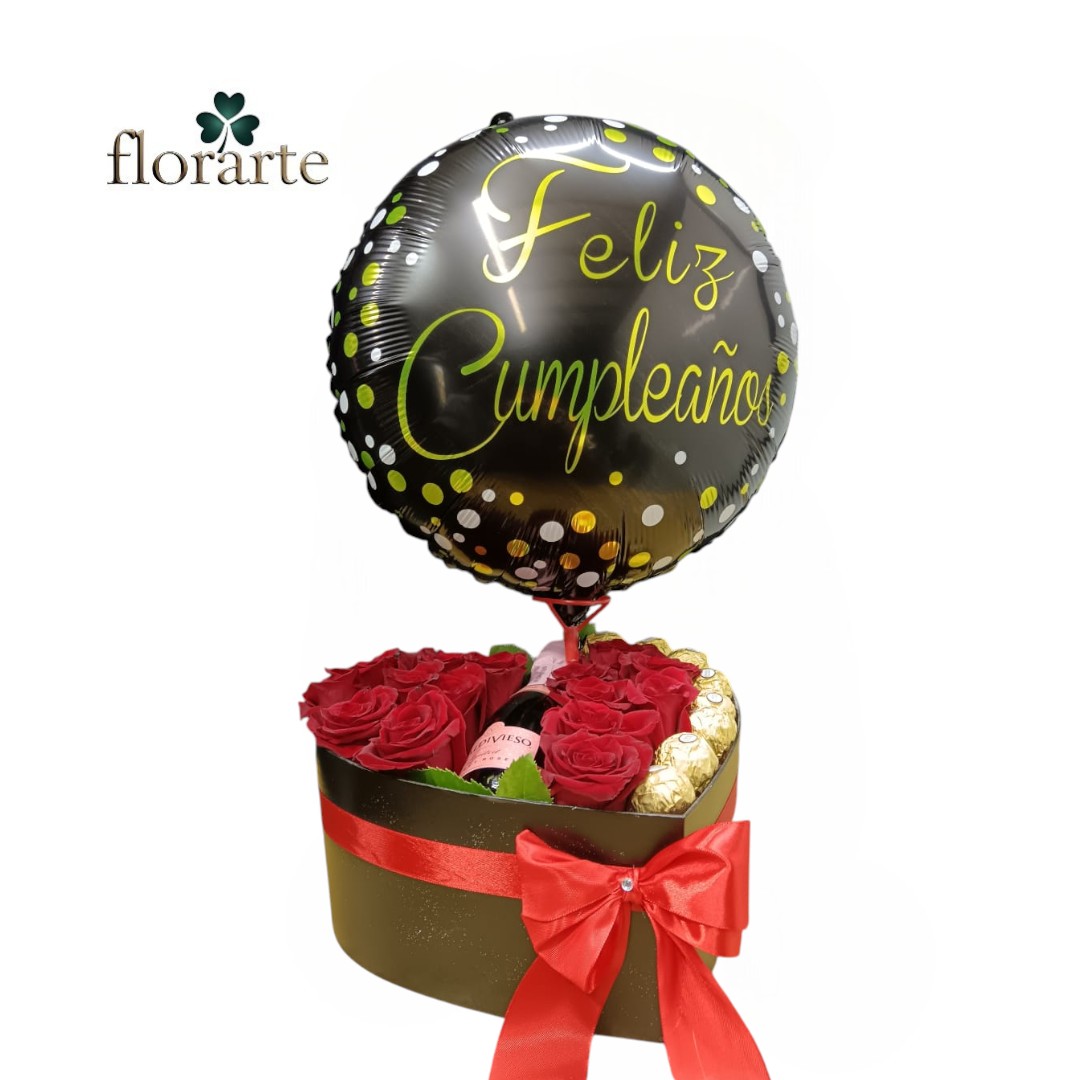 am Box Corazón 15 Rosas + Bombones + Espumante 187.5 ml + Globo - Imagen 1
