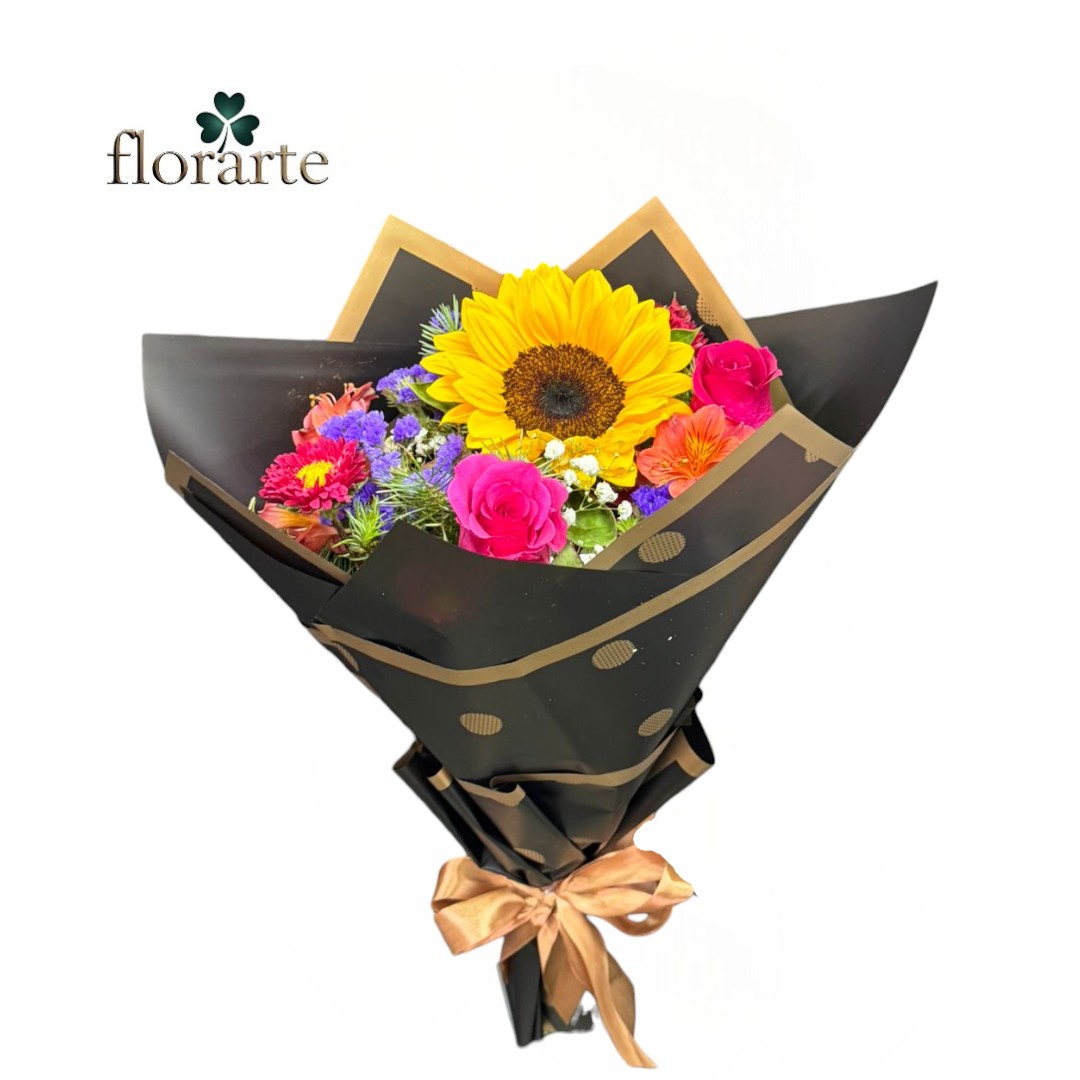g - Ramo Primaveral Rosas + Girasol + Flores De Temporada - Imagen 1