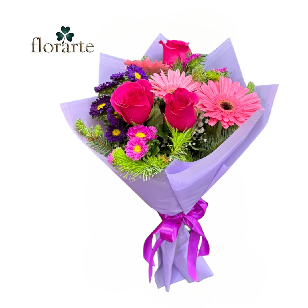 g (20) Ramo Primaveral 3 Rosas + 3 Gerberas + Flores De Temporada - Imagen 1