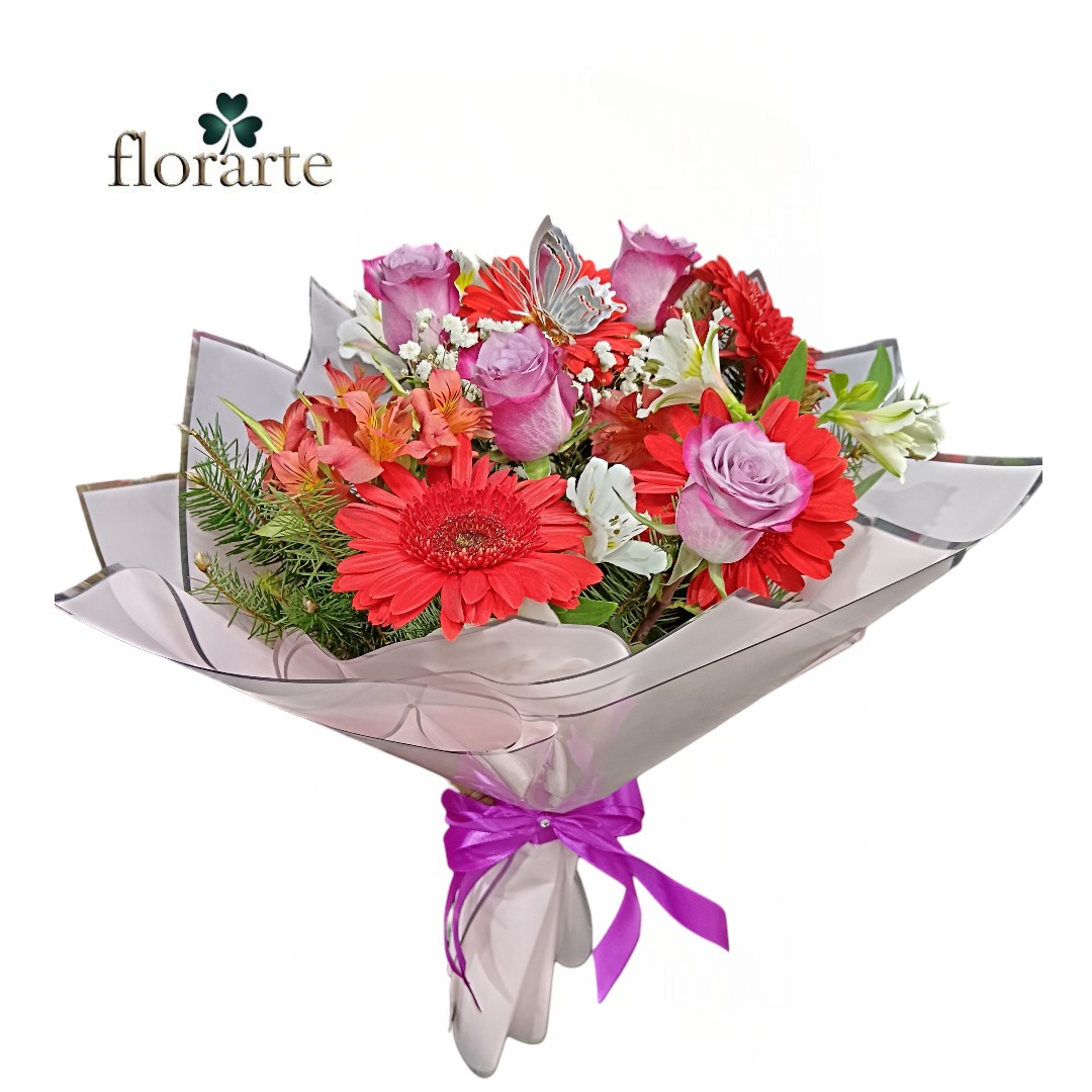 g (56) Ramo 8 Flores Rosas + Gerberas + Mariposa - Imagen 1