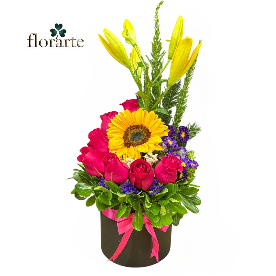 g (73) Box Cilindro 7 Rosas + 1 Girasol + Lirios - Imagen 1
